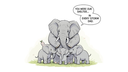 Family Shelter Illustration: Tender illustration portraying a protective elephant family, with the father figure providing shelter, evoking sentiments of security, stability, and enduring love. © Azizun
