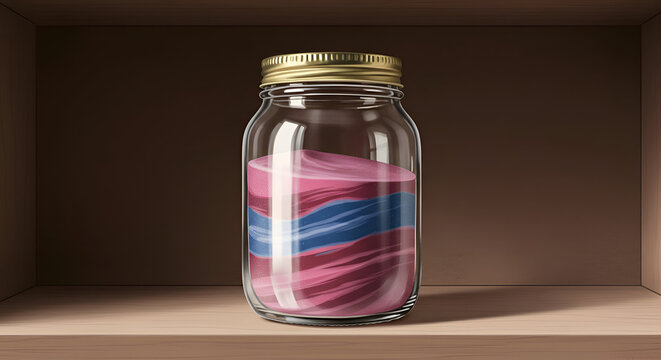 Empty glass jar with multicolored sand sitting on a wooden shelf. Still life display of a decorative item with muted colors.