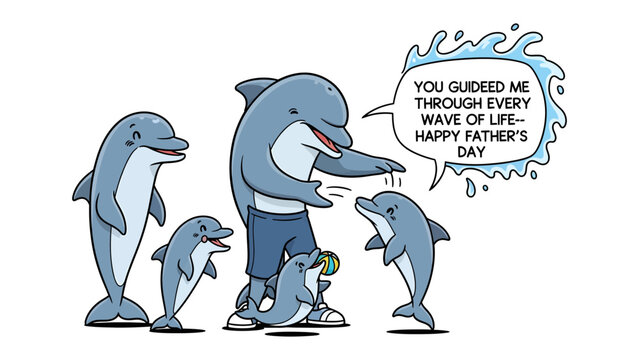 Dolphin Father's Day Illustration: A heartwarming illustration depicts a dolphin family celebrating Father's Day, with a father figure guiding his offspring through the waves of life.