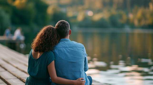 Faceless couple at a lake pier laughing and enjoying a romantic date in the countryside for a summer vacation and bonding concept. Defocused lake background. Couple pier lake,