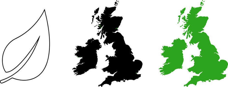 Leaf icon and united kingdom map shapes in black and green colors