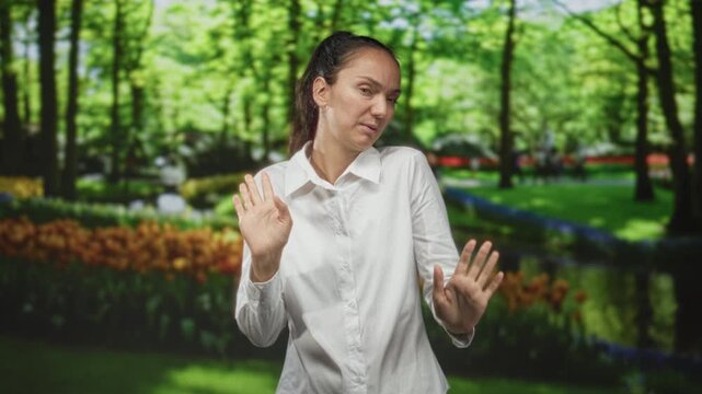 Woman with white button shirt and hands raised palms out gesturing refusal in forest setting near flowerbeds and pond; dismissal shrug.
