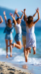 Obraz premium Faceless group of family and friends jumping on a beach together for a vibrant summer holiday and lifestyle vacation concept. Defocused sea background. Friends beach jump, family