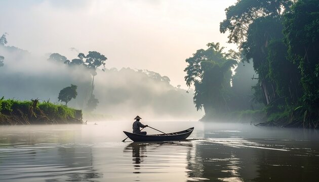 Fisherman rowing wooden canoe on misty river at dawn