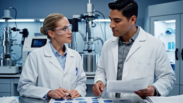 Scientists reviewing experimental charts and data tables at stainless steel bench with glassware and bioreactor in background lab coats and safety goggles, collaborative discussion over graphs