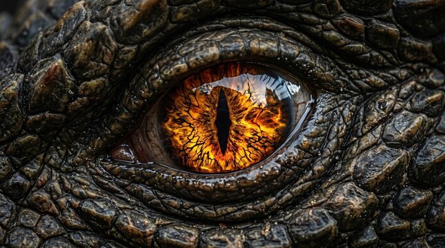 Close up of a reptilian eye with textured scales and fiery orange iris capturing intensity and focus