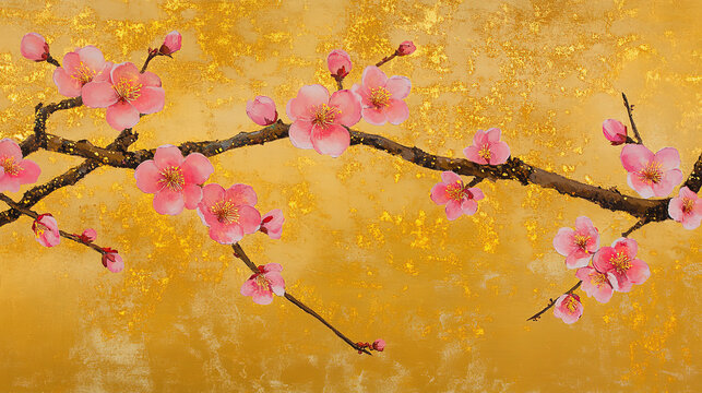Japanese style painting golden background pink plum blossoms blooming petals dancing gracefully two unevenly placed plum branches each with two leaves on top another branch below bright colors full bl