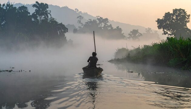 Fisherman rowing wooden canoe through misty river at dawn