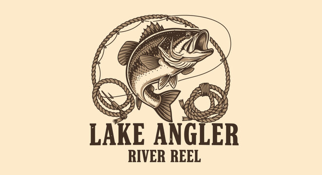 Vintage Lake Angler River Reel Bass Fishing Logo Design.