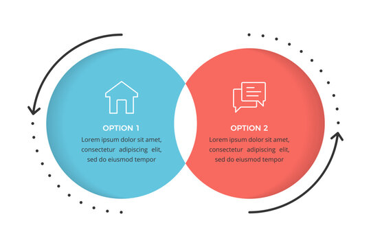 Infographic template featuring two overlapping circles and curved arrows, venn diagram concept