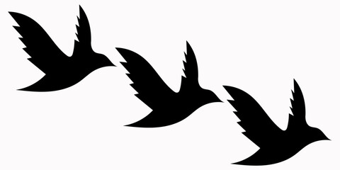 Naklejka premium Minimalist black silhouette of three birds flying in formation against a white background. This clean, modern vector illustration symbolizes freedom, migration, and coordinated movement.