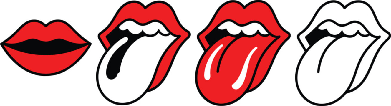 Stylized Pop Art Lips and Tongue Out Icon Collection, Red and White Graphic Illustrations of Expressive Gestures.