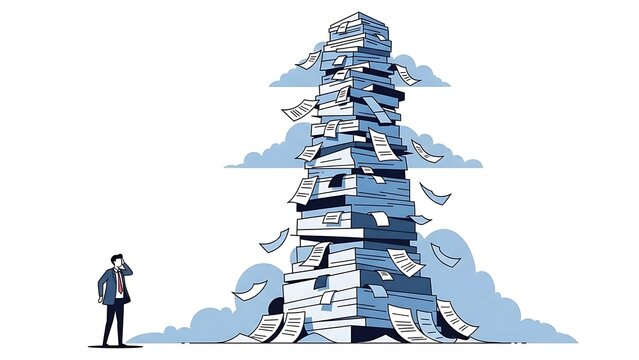 Overwhelmed businessman faces large paperwork pile.