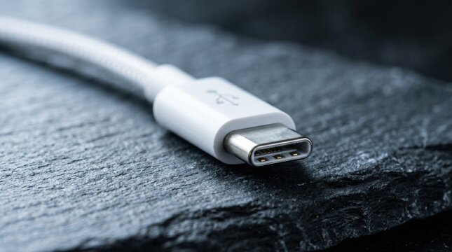 White usb c cable connector resting on a dark texture surface showcasing modern technology for data transfer