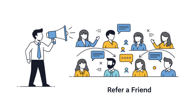 Marketing concept illustration for a refer a friend program featuring a professional holding a megaphone and a network of connected people.