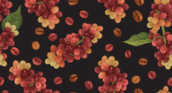 Seamless pattern of coffee cherries in various stages of ripeness mixed with roasted coffee beans on a dark background for cafe themes.