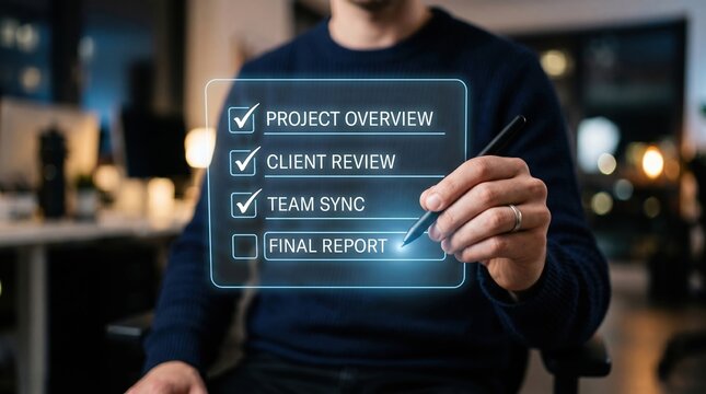 Businessman using a digital interactive checklist to track project milestones and final report completion in an office