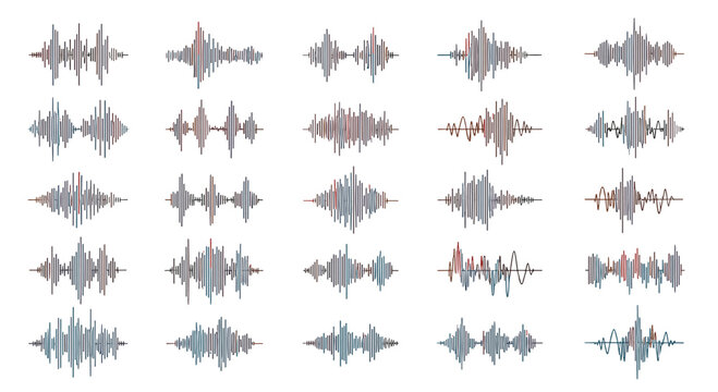 Set of diverse digital audio sound wave visualizations in various frequencies and amplitudes rendered in a muted blue and red palette.