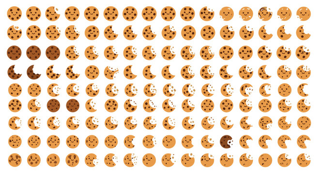 Large grid of delicious chocolate chip cookies with different bite marks and happy smiley faces in a fun cartoon style for bakery branding.