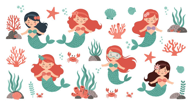 Colorful collection of cute cartoon mermaids with various hair colors alongside sea creatures coral and shells in an underwater paradise world.