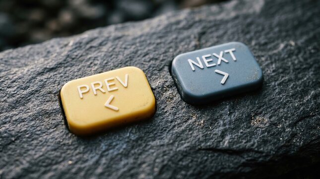 Yellow 'prev' and gray 'next' buttons placed side by side on a rough textured stone surface showcasing navigation icons with directional arrows