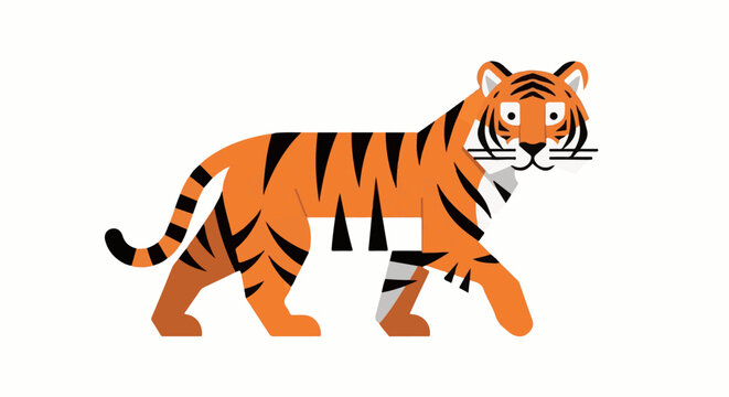 A stylized orange tiger with black stripes walks on a white background
