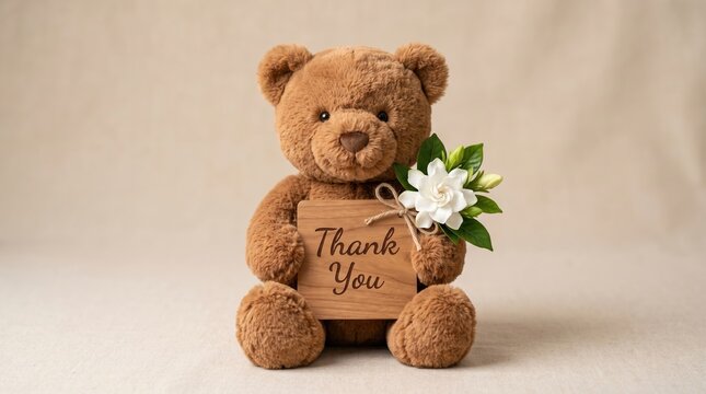 Cute brown teddy bear holding wooden thank you sign with white jasmine flower decoration on neutral background, greeting