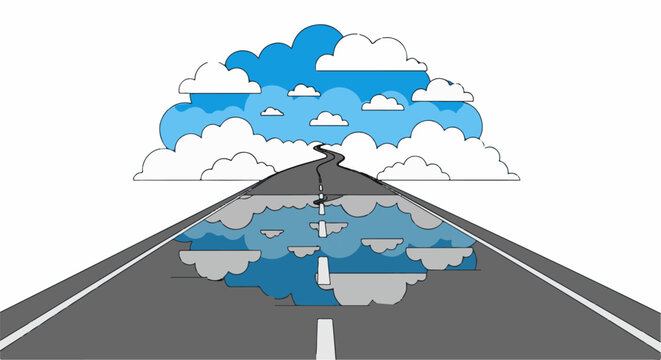 A surreal highway road appears to merge with a sky full of clouds