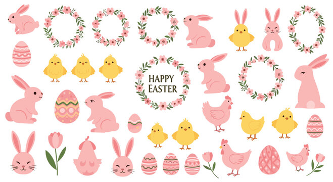 Comprehensive collection of cute Easter themed elements including pink bunnies yellow chicks floral wreaths and decorated eggs for spring holidays.
