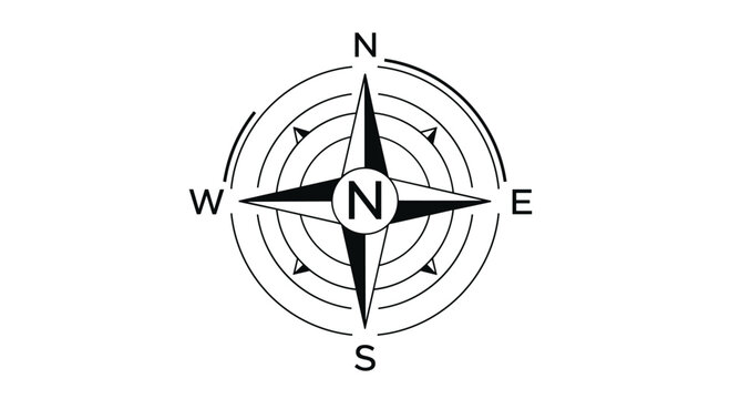 Minimalist black and white compass rose showing cardinal directions north south east and west for navigation and map design purposes.