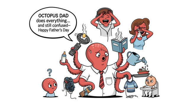 Octopus Dad's Day: An illustrated depiction of an octopus juggling multiple tasks on Father's Day, highlighting the challenges and dedication of fatherhood with a touch of humor and stress. 