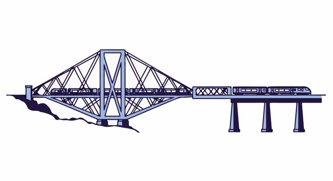 A train crosses a large truss bridge and then a viaduct