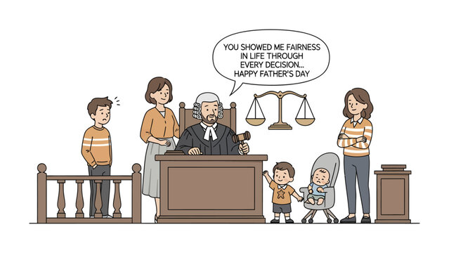 Fairness in Father's Day: A courtroom scene with the judge, two parents, and children, conveying the message of fairness and appreciation on Father's Day.