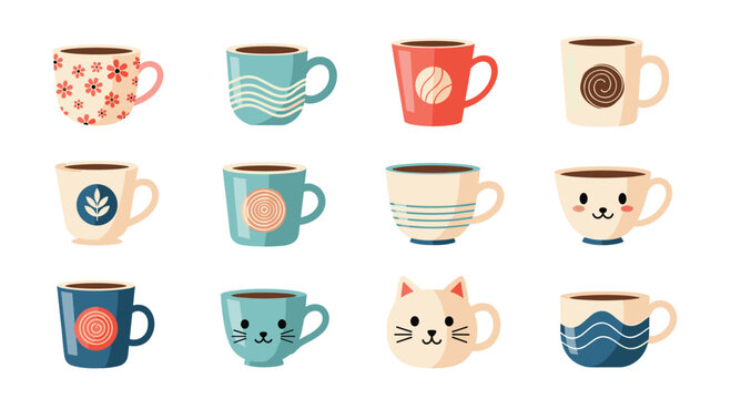 Set of charming coffee mugs and tea cups with colorful patterns adorable animal faces and cozy designs for warm drink lovers.