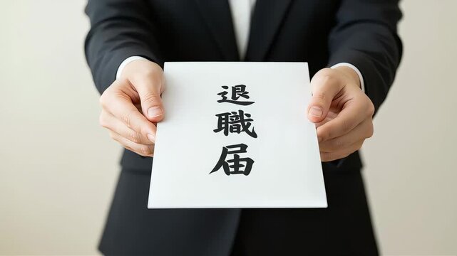 スーツ姿で「退職届」を差し出すビジネスマンの手元