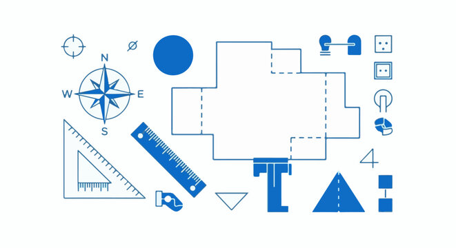 Blueprint icons compass, ruler, light bulb, shapes, and electrical symbols