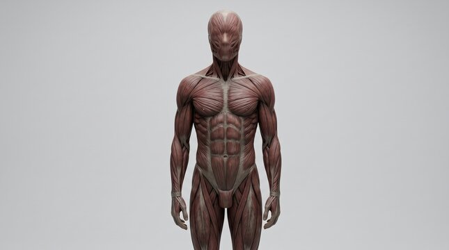 Detailed anatomical figure of a muscular male body standing in neutral pose on plain background