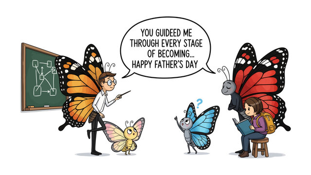 Father's Day Flutter: A heartwarming illustration of butterfly figures, a tender father-child embrace, adorned with heartfelt sentiments celebrating fatherhood and the guiding light of a father.