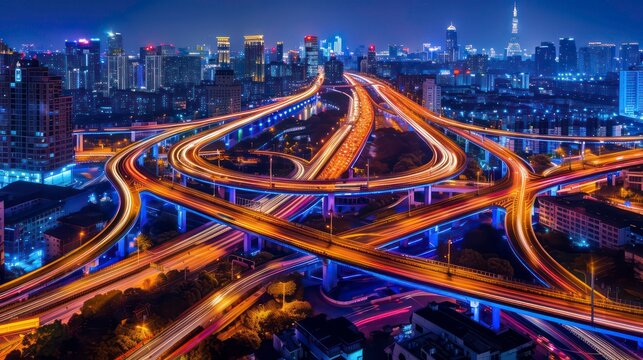 A long exposure shot of a modern highway interchange in a city at night. The lights of the cars create streaks of light as they travel along the highway.