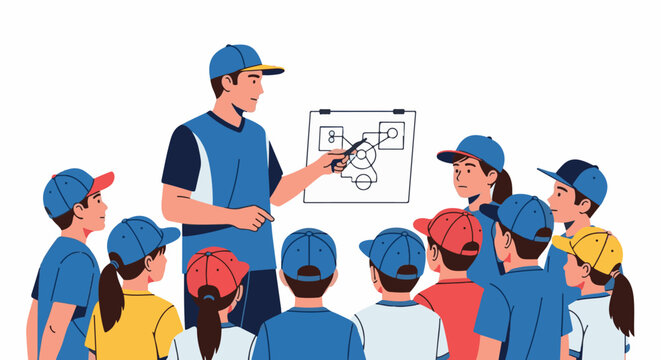 Coach instructing young athletes on a whiteboard strategy