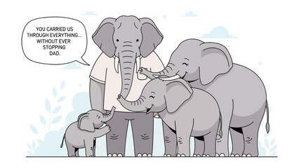 Elephant Family Love: A heartwarming illustration of a family of elephants, the father elephant stands tall, embracing and caring for his family. © azizunnahar