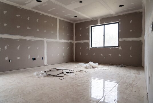 Empty room under construction with drywall and tiled floor
