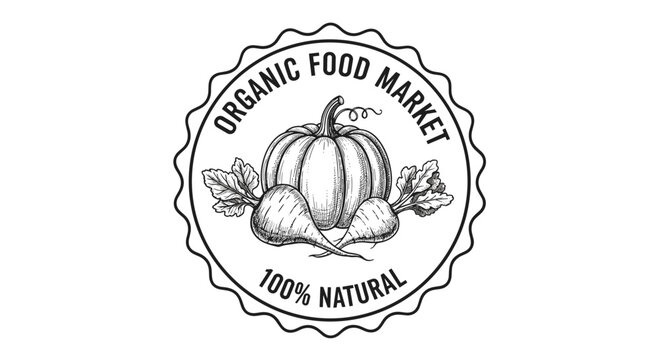 Professional round emblem for an organic food market featuring sketches of a pumpkin and two beetroots inside a scalloped frame.