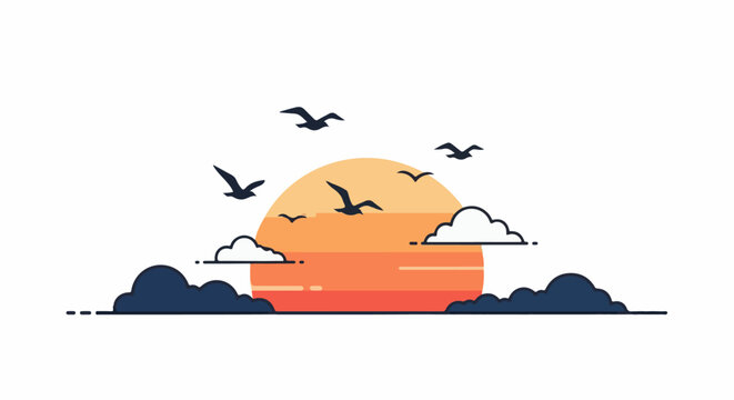Birds fly across a setting sun with clouds