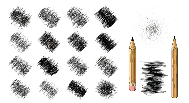 Comprehensive set of various graphite pencil textures hatchings and stippling alongside two classic wooden pencils with erasers.