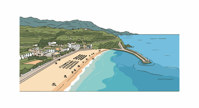 Coastal town with a beach, buildings, and a breakwater