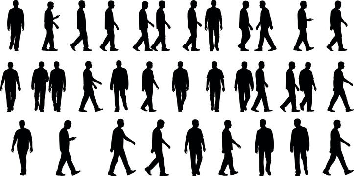 Black silhouettes of person walking in sequence showing front, side, and back views illustrating human gait posture and motion study design