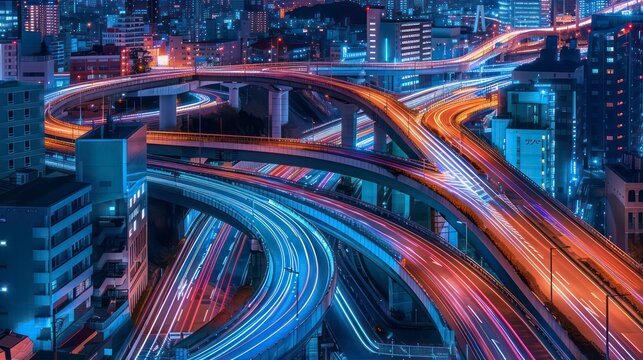 Nighttime aerial view of a complex highway interchange with blurred light trails from moving vehicles.