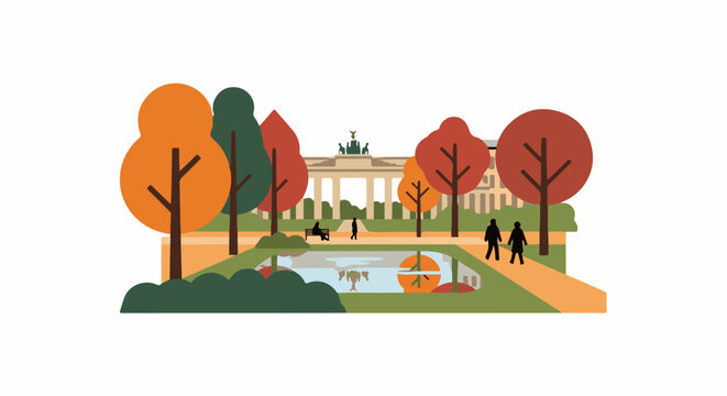 Autumn park scene with iconic archway and reflective pond