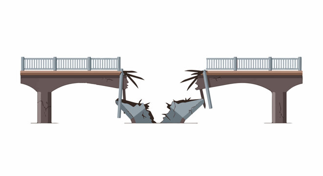 Collapsed bridge with broken supports and shattered roadway